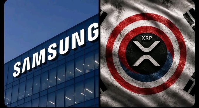 The image presents two logos side by side, one for Samsung and the other for XRP ( cryptocurrency). Both logos feature a red circle with a black center surrounded by white text that reads "XRP" and "Samsung". The text on each logo is slightly larger than the others, making them stand out prominently. Below the logos, there's some additional text providing context about the ongoing investment in the cryptocurrency exchange XRP. The image seems to be an advertisement or promotion related to these two entities.
