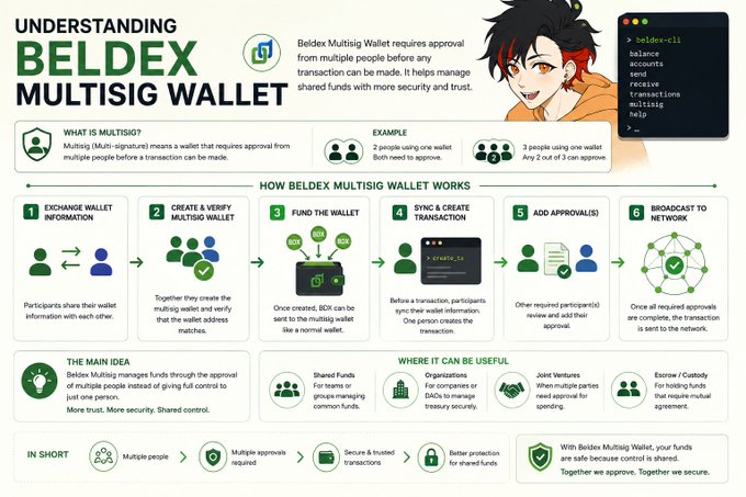 An infographic titled 'UNDERSTANDING BELDEX MULTISIG WALLET' explaining how the Beldex multisignature wallet works, featuring illustrations and steps.