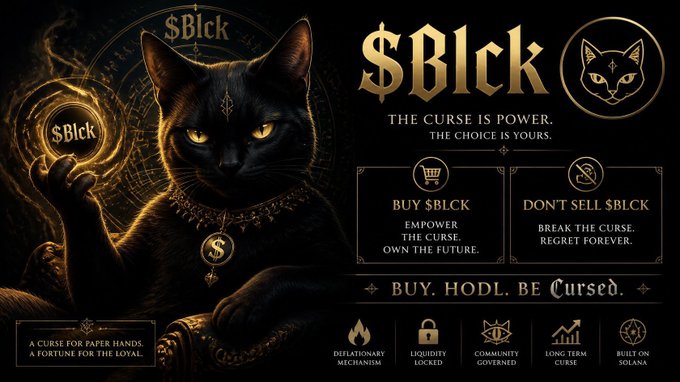 A promotional banner for a cryptocurrency called '$BLCK' featuring a black cat with mystical elements and the text 'THE CURSE IS POWER. THE CHOICE IS YOURS.'