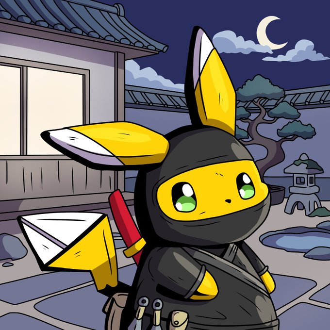 A chibi-style cartoon ninja character with yellow and black fur, large green eyes, and fox-like ears stands in a traditional Japanese courtyard at night under a crescent moon, carrying a sword on its back and a satchel of tools—this character serves as the mascot for the KATCHU NFT giveaway on Robinhood Chain.