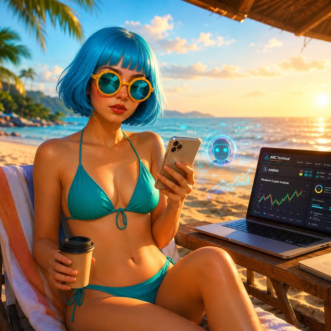 A blue-haired woman in a teal bikini lounges on a tropical beach, holding a coffee and phone while her laptop displays the "ABC Terminal" and "ANIMA" crypto analytics dashboards, perfectly capturing the post's moment of using AI to instantly decode weekend crypto setups instead of doing it manually.