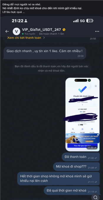 Screenshot of a Binance P2P chat with user VIP_GiaTot_USDT_247 showing a successful transaction but delayed payment, followed by the buyer finally releasing the USDT after a complaint was filed, with messages noting the order took too long to release and asking if Mở khoá di shop (shop unlock) fees apply.