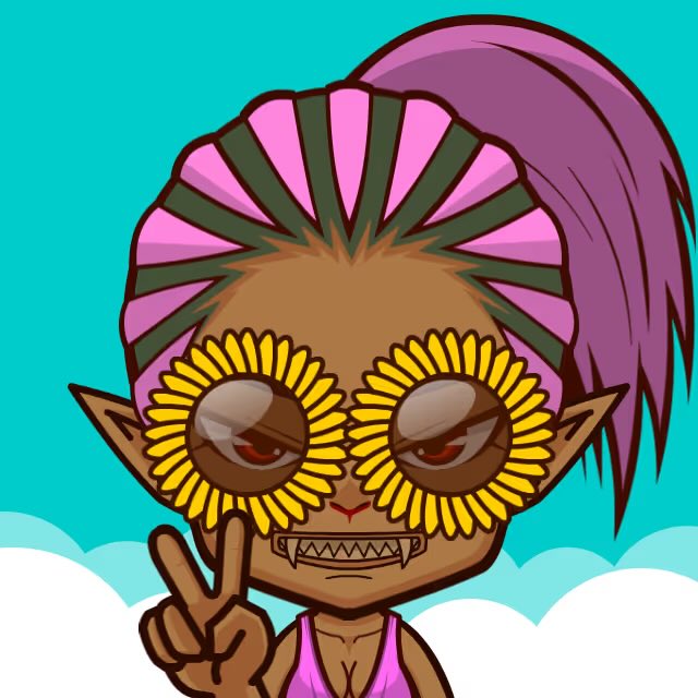 A cartoon character with pointed ears, fangs, and sunflower-shaped sunglasses flashes a peace sign against a turquoise sky with clouds, wearing a pink top. The whimsical, edgy NFT-style artwork visually embodies the Web3/NFT community theme of the post, which announces new team members and links to a Polygon-based OpenSea listing.