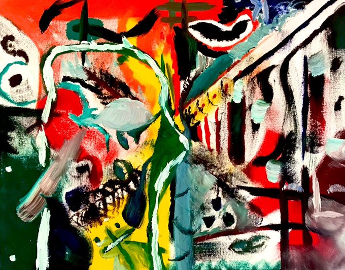 An abstract expressionist painting with bold brushstrokes in red, green, yellow, black, and white, featuring distorted facial-like forms.