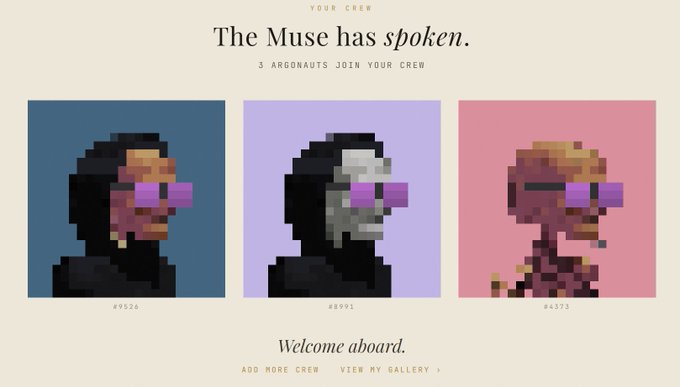 A digital collectibles webpage displays three pixel-art NFT portraits with the text 'YOUR CREW', 'The Muse has spoken.', '5 ARGONAUTS JOIN YOUR CREW', and 'Welcome aboard.'
