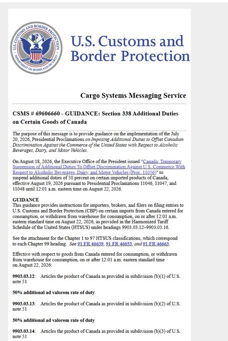 The image shows an official U.S. Customs and Border Protection document titled "Cargo Systems Messaging Service," specifically CSMS # 69606660, providing guidance on implementing 50% additional duties on certain Canadian imports including alcoholic beverages, dairy, and motor vehicles, effective August 22, 2026. The post mocks the Trump administration's trade policy by sarcastically praising the U.S. government's efficiency in implementing sweeping, selective tariffs on allied nations with short notice, despite 30 minutes being dramatically less than the document's actual August 22, 2026 effective date.