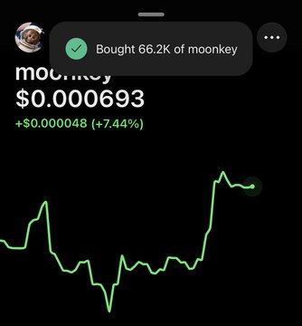 A mobile app screenshot showing a cryptocurrency token called "moonkey" priced at $0.000693, up 7.44%, with a notification indicating a purchase of 66.2K tokens.