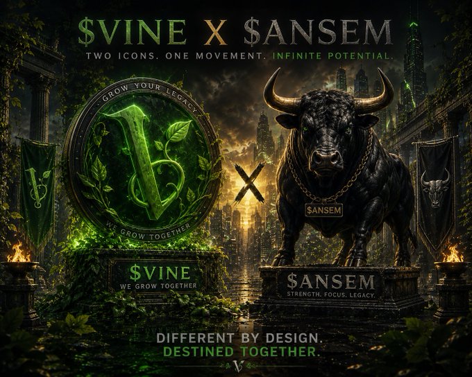 A promotional graphic titled '$VINE X $ANSEM - Two Icons. One Movement. Infinite Potential' featuring a green coin emblem next to a black bull statue, captioned 'Different by Design. Destined Together.'