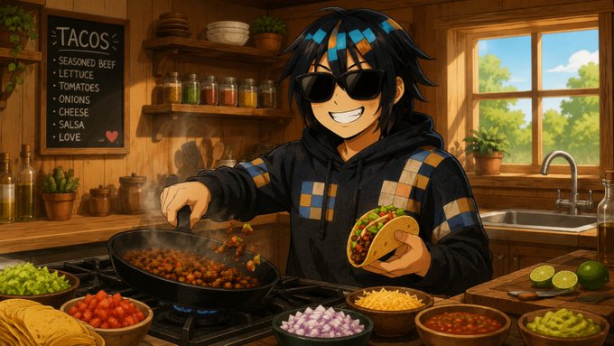 An anime-style character with dark hair and sunglasses preparing a taco in a kitchen, with a blackboard menu listing ingredients like seasoned beef, lettuce, tomatoes, onions, cheese, salsa, and love.