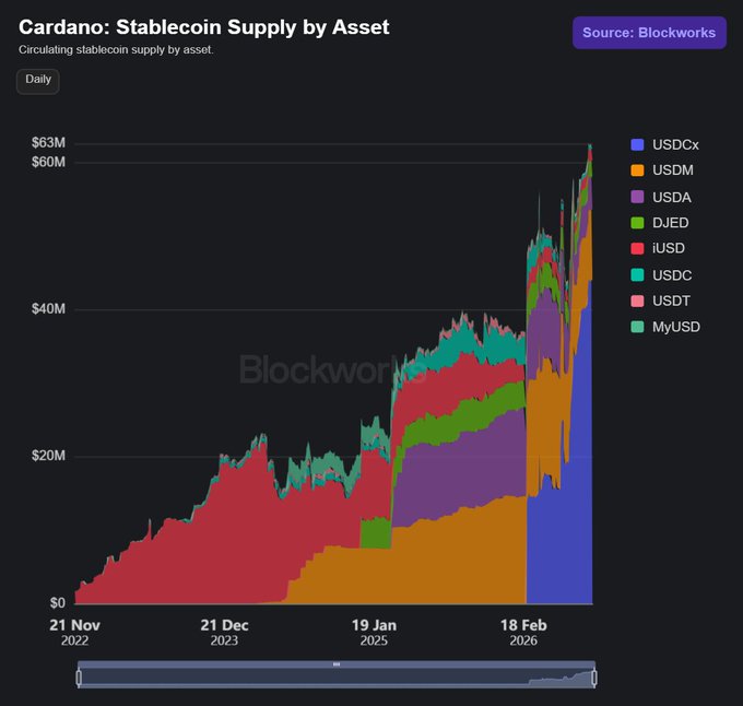 Chart titled 'Cardano: Stablecoin Supply by Asset' from Blockworks showing stacked area data of stablecoin supply from Nov 2022 to Feb 2026 across assets including USDCx, USDM, USDA, DJED, iUSD, USDC, USDT, and MyUSD, peaking around $63M.