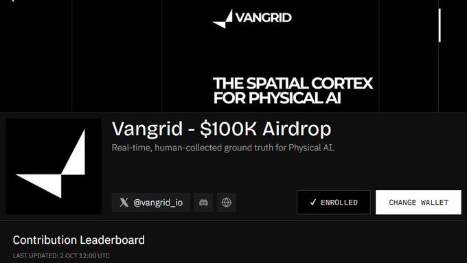 A webpage for 'VANGRID' promotes a '$100K Airdrop' as 'THE SPATIAL CORTEX FOR PHYSICAL AI' with real-time, human-collected ground truth, showing an 'ENROLLED' status and social handle '@vangrid_io'.
