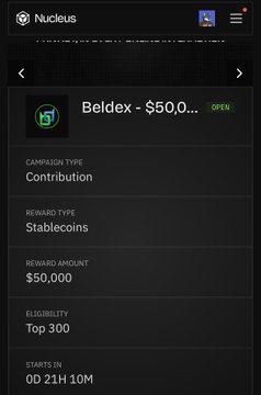 A screenshot of a Nucleus platform campaign page for 'Beldex - $50,000,' marked as an OPEN contribution campaign with stablecoin rewards and Top 300 eligibility.