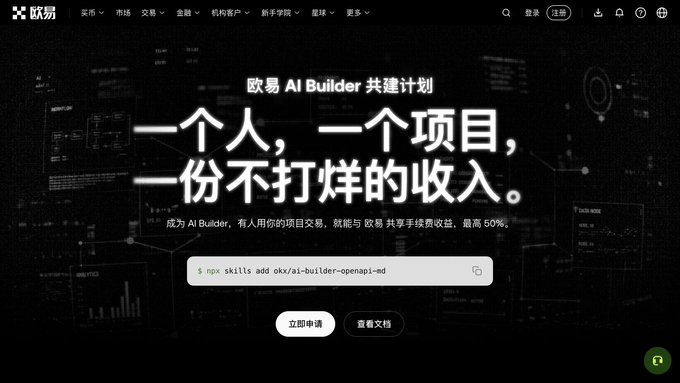 The image promotes the "欧易 AI Builder 共建计划" (OKX AI Builder Co-building Program), featuring the tagline "一个人，一个项目，一份不打烊的收入" (One person, one project, income that never sleeps) and offering up to 50% revenue share through the command `$ npx skills add okx/ai-builder-openapi-d4`. It relates to the post by showcasing OKX's developer recruitment initiative, demonstrating how the exchange is actively attracting AI builders with revenue-sharing opportunities rather than just discussing monetization theories.