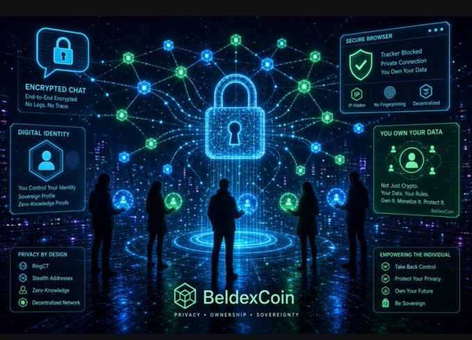 A futuristic BeldexCoin infographic highlighting privacy and security features including 'Encrypted Chat', 'Digital Identity', 'Secure Browser', 'Privacy by Design', 'You Own Your Data', and 'Empowering the Individual', with the tagline 'PRIVACY • OWNERSHIP • SOVEREIGNTY'.