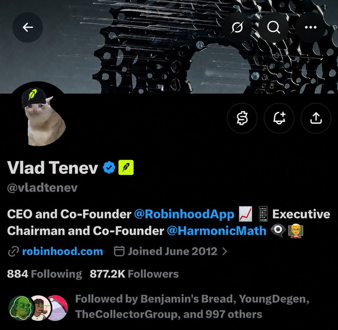 A Twitter/X profile for Vlad Tenev (@vladtenev) shows him as CEO and Co-Founder of Robinhood, with 877.2K followers.