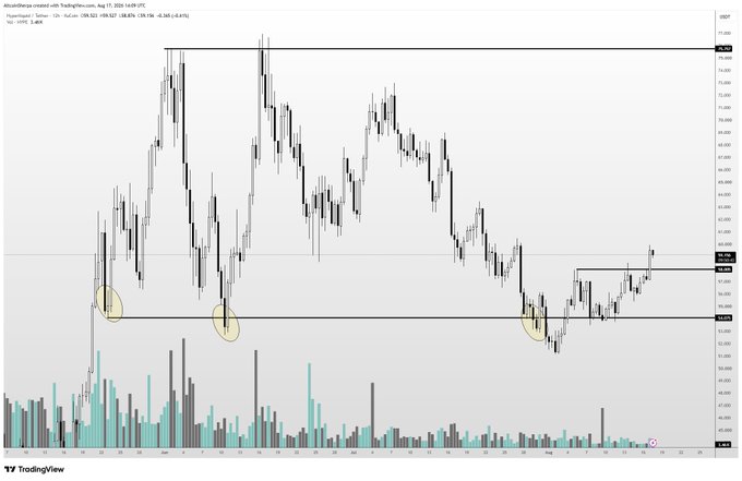 A TradingView candlestick chart for $HYPE (Hyperliquid) showing price action with three yellow-circled support bounces around the low $20s and recent consolidation near the $30 level, supporting the post's bullish thesis that mid-$60s could be reached if upward momentum continues.