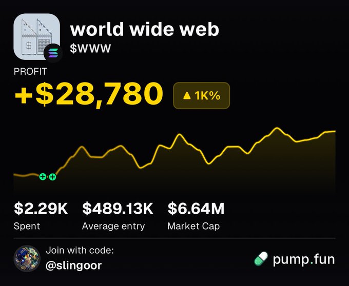 The image is a portfolio performance dashboard on pump.fun showing the token "world wide web" ($www) with a profit of +$28,780, reflecting the trader's unrealized gains after buying $2.29K at a $489.13K average entry against a current $6.64M market cap. It corroborates the post by visually highlighting the trader's (@slingoorio) successful hold, showing a 1K% gain on the position.