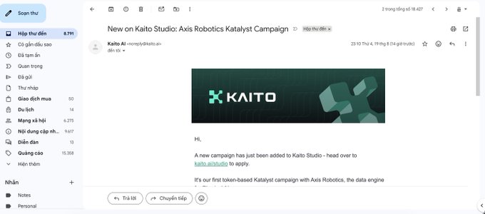 A screenshot of an email interface in Vietnamese shows a message from 'Kaito AI' titled 'New on Kaito Studio: Axis Robotics Katalyst Campaign' with a green KAITO banner.