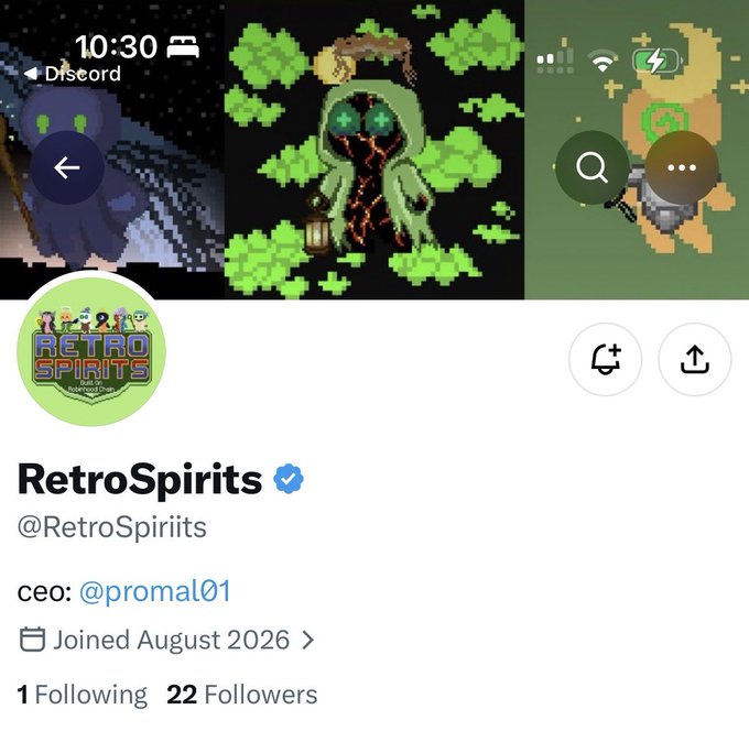 A Twitter/X profile page for @RetroSpiriits (@RetroSpirits) shows the account at an early stage with just 22 followers, 1 following, and a CEO listed as @promal01. The banner and profile image feature pixel art characters with a green ghost-like figure, aligning with the post's pitch for an early alpha NFT project called "Retro Spirits" with a 2,222 supply and a low mint price, emphasizing the opportunity to get in early at only 22 followers.