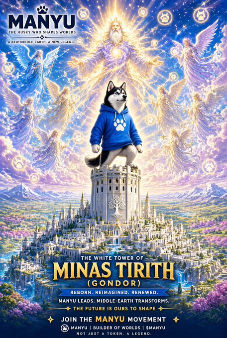 A fantasy movie poster titled 'MANYU - THE WHITE TOWER OF MINAS TIRITH (GONDOR)' showing a husky in a blue hoodie standing atop a white castle with angels and a god-like figure in the sky, with text reading 'REBORN. REIMAGINED. RENEWED.' and 'JOIN THE MANYU MOVEMENT'.