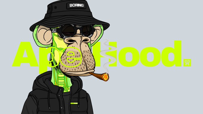 An illustration of a cartoon monkey wearing a bucket hat labeled 'BORING', sunglasses, and a jacket, smoking a cigar, with the text 'ApeFlood' in green.
