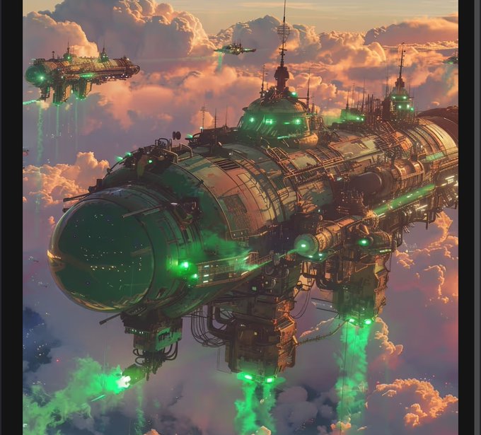 A sci-fi digital illustration of a large, ornate green airship or spacecraft floating among pink clouds at sunset.