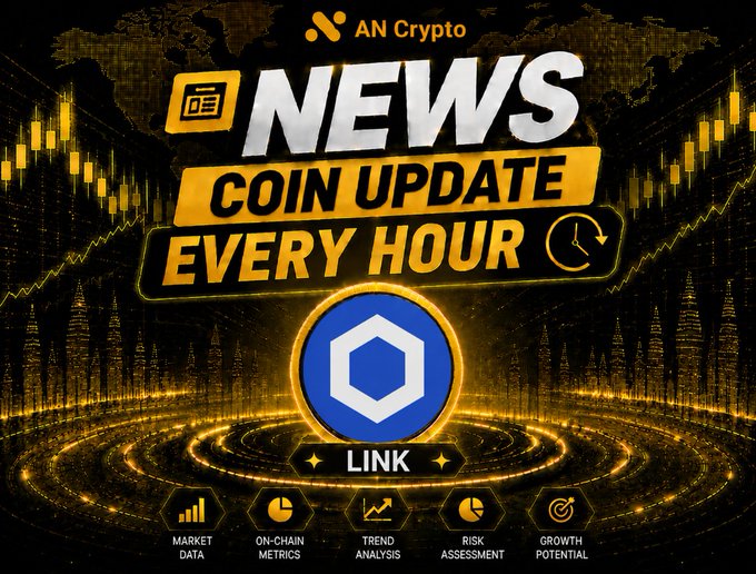 A 'NEWS COIN UPDATE EVERY HOUR' promotional graphic from AN Crypto featuring the Chainlink (LINK) cryptocurrency logo prominently in the center, with icons for Market Data, On-Chain Metrics, Trend Analysis, Risk Assessment, and Growth Potential against a gold world map background with trading charts.