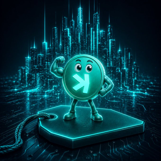 A stylized 3D rendering of an anthropomorphic Kaspa (KAS) coin character flexing its muscles, standing on a glowing platform against a futuristic cyberpunk city skyline.