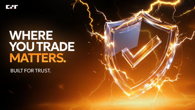 A promotional graphic with the text 'WHERE YOU TRADE MATTERS. BUILT FOR TRUST.' next to a glowing transparent shield emblem, set against a dark background with orange lightning effects.