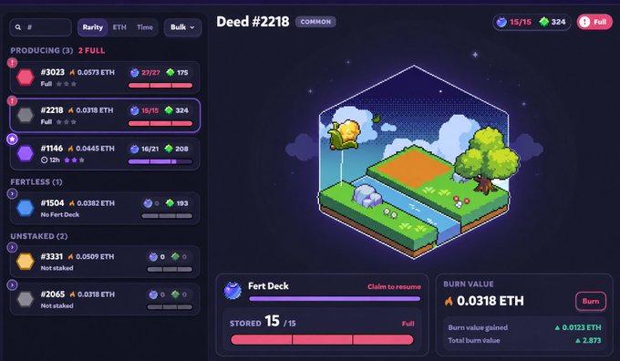 A screenshot of a digital asset management interface showing 'Deed #2218' with a 3D isometric landscape preview, alongside lists of 'PRODUCING' and 'UNSTAKED' items, and a 'FortDeck' storage bar.