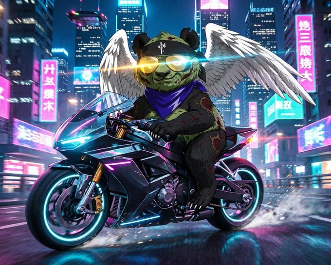 A winged bear with glowing eyes and a bandana rides a neon-lit motorcycle through a cyberpunk city, with Chinese characters on billboards behind it—fitting the playful, hyped energy of a "GM" Sunday post for the crypto X community.