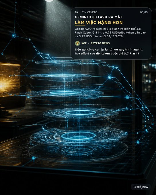 A digital graphic with glowing blue holographic rings and network connections, featuring Vietnamese crypto news about Gemini 3.8 Flash release, from "KOF - CRYPTO NEWS" dated 03/09.