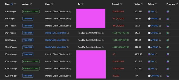 The image shows a blockchain transaction history table displaying multiple SOL transfers and account creations involving "Pond0x Claim Distributor," "wbPOND," and "wpPOND" tokens, with several addresses redacted in pink. This appears to support the post's message dismissing FUD by showing suspicious-looking transactions from a claimed-abandoned project, suggesting the alleged activity should be ignored.