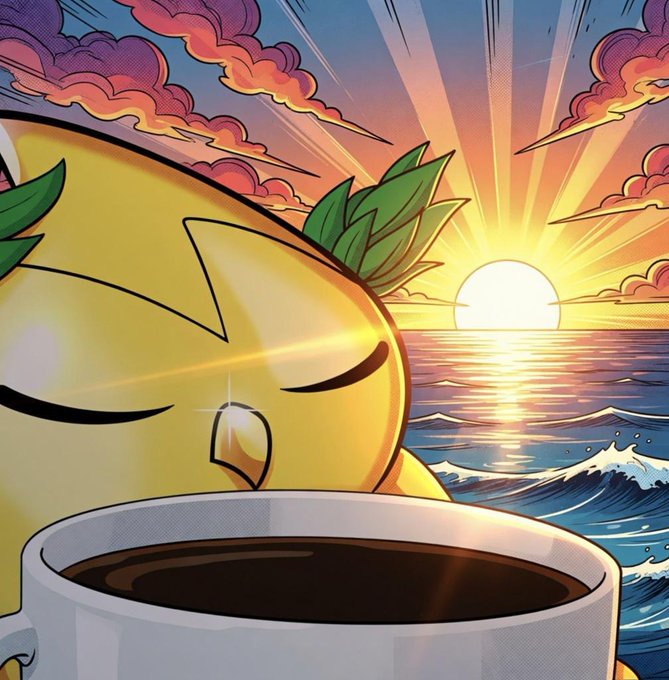 A cartoon yellow lemon character with closed eyes peacefully sips from a white coffee mug filled with black coffee, set against a vibrant pop-art sunset over the ocean. The serene morning moment pairs perfectly with the "GM CT ☕️" greeting, evoking a calm start to the day.