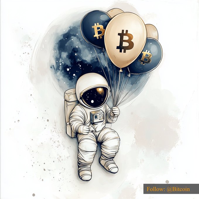 Watercolor-style illustration of an astronaut holding Bitcoin balloons with 'Follow: @Bitcoin' text.