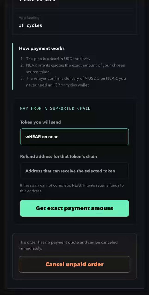 The image shows a phone screen displaying a payment form for an integrated Near app, which allows users to deploy their own ICP app by paying with any of the supported tokens or something. The text indicates that there are no liquidity issues on the user's end, and the focus is on the integration process itself.