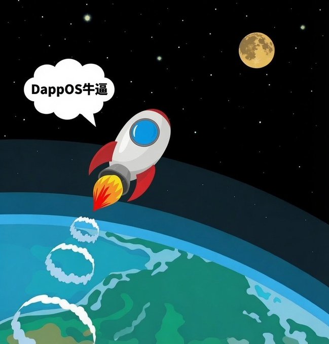 A cartoon rocket soars into a starry sky above Earth with a speech bubble reading "DappOS牛逼" (DappOS rocks), while a full moon shines in the upper right corner. The image visually represents the post's celebration of $DOS and the @dappOS_com project's bullish momentum during the bear market, with the rising rocket symbolizing the community's excitement over the project's growth and high-quality potential.