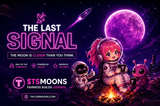 A purple-themed promotional banner for 'THE LAST SIGNAL' featuring 'STSMOONS' and 'TAYLORMOONS.COM' with anime-style characters in spacesuits by a campfire under a large moon, tagged 'THE MOON IS CLOSER THAN YOU THINK.'