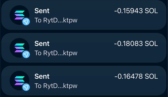 A mobile interface showing three Solana (SOL) cryptocurrency transactions marked as 'Sent' to address 'RytD...ktpw', with amounts of -0.15943 SOL, -0.18083 SOL, and -0.16478 SOL displayed.