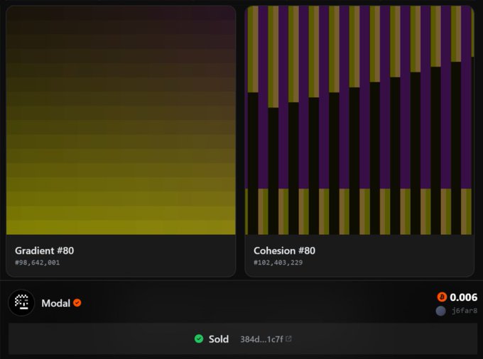 A screenshot of a digital art platform displaying two NFT listings: "Gradient #80" and "Cohesion #80" sold for 0.006 ETH to user "j6far8" in the Modal marketplace.