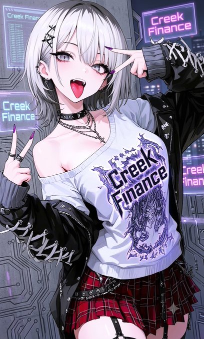 An anime-style illustration depicts a silver-haired girl wearing a white sweater with 'Creek Finance' branding, a red plaid skirt, and spiked accessories, standing in front of neon signs reading 'Creek Finance'.