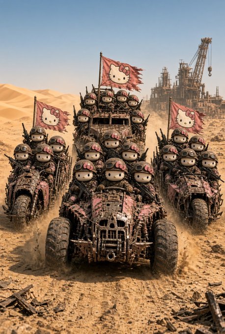 A post-apocalyptic desert scene featuring menacing vehicles covered in Hello Kitty decorations, with characters wearing Hello Kitty helmets and pink flags, racing through the sand past industrial ruins.