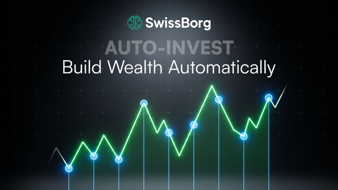 A promotional graphic for SwissBorg's 'AUTO-INVEST' service displays the tagline 'Build Wealth Automatically' alongside a glowing green upward-trending line graph.
