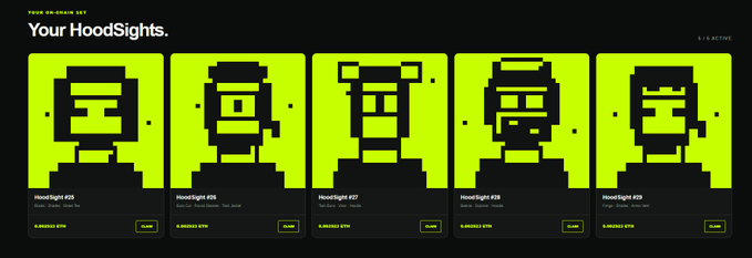 A website screenshot titled 'Your HoodSights.' displaying a row of five pixel-art NFT character collectibles labeled HoodSight #55, #56, #27, #38, and #39, each marked as 'CLAIM' and 'MINTED ETH'.