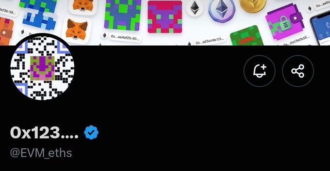 A social media profile page for user '0x123....' with a verified checkmark and handle @EVM_eths, displaying a QR code avatar with a purple and green design, and a banner of NFT collections above.