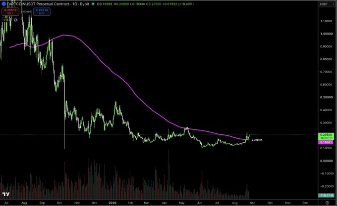 A daily candlestick chart of FARTCOIN/USDT Perpetual Contract on Bybit shows the token trending downward from highs near 1.10 USDT to around 0.205 USDT, with the price recently bouncing off the 200 SMA (magenta line) and printing a +10.40% green candle near "Gas it" support — visually capturing the post's bullish call to "gas it."
