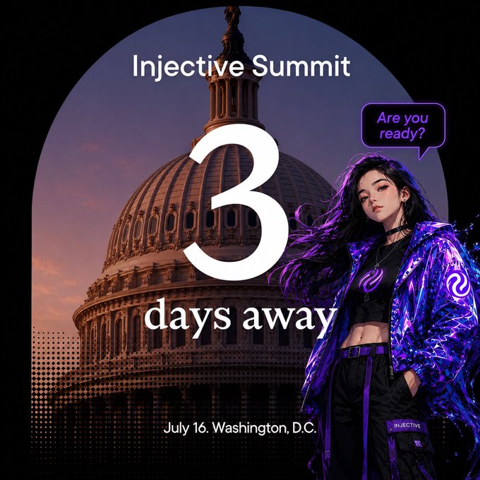 A promotional graphic for the Injective Summit happening in 3 days on July 16 in Washington, D.C., featuring an illustrated character in purple attire with the text 'Are you ready?'