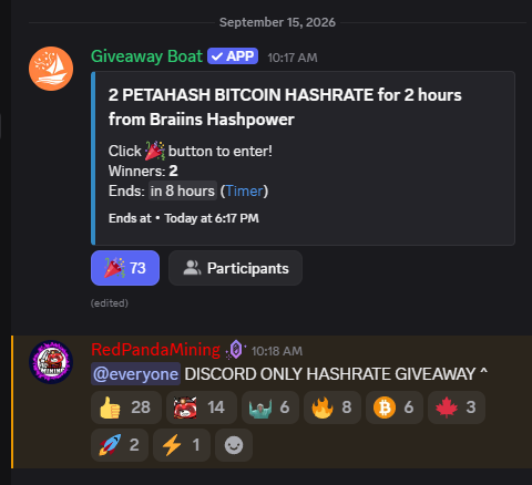 A Discord giveaway from 'Giveaway Boat' offers 2 petahash Bitcoin hashrate for 2 hours from Braiins Hashpower, ending in 8 hours, with 73 participants having entered.