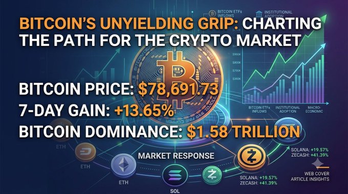 A crypto market graphic titled 'BITCOIN'SUNYIELDING GRIP: CHARTING THE PATH FOR THE CRYPTO MARKET' showing a Bitcoin price of $78,691.73, a 7-day gain of +13.65%, and Bitcoin dominance of $1.58 TRILLION, with market response data for SOL, SOLANA, and ZCASH.