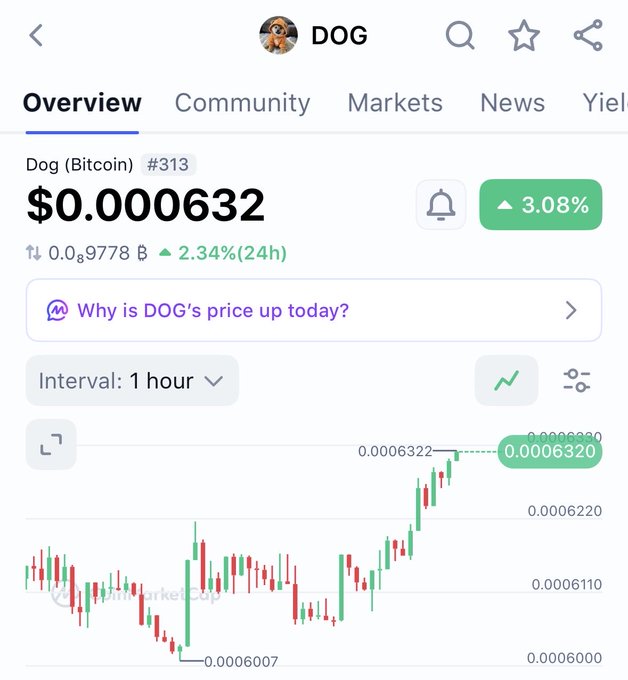 A cryptocurrency price tracker screen for DOG (Dog Bitcoin), showing a price of $0.000632 with a 3.08% increase.